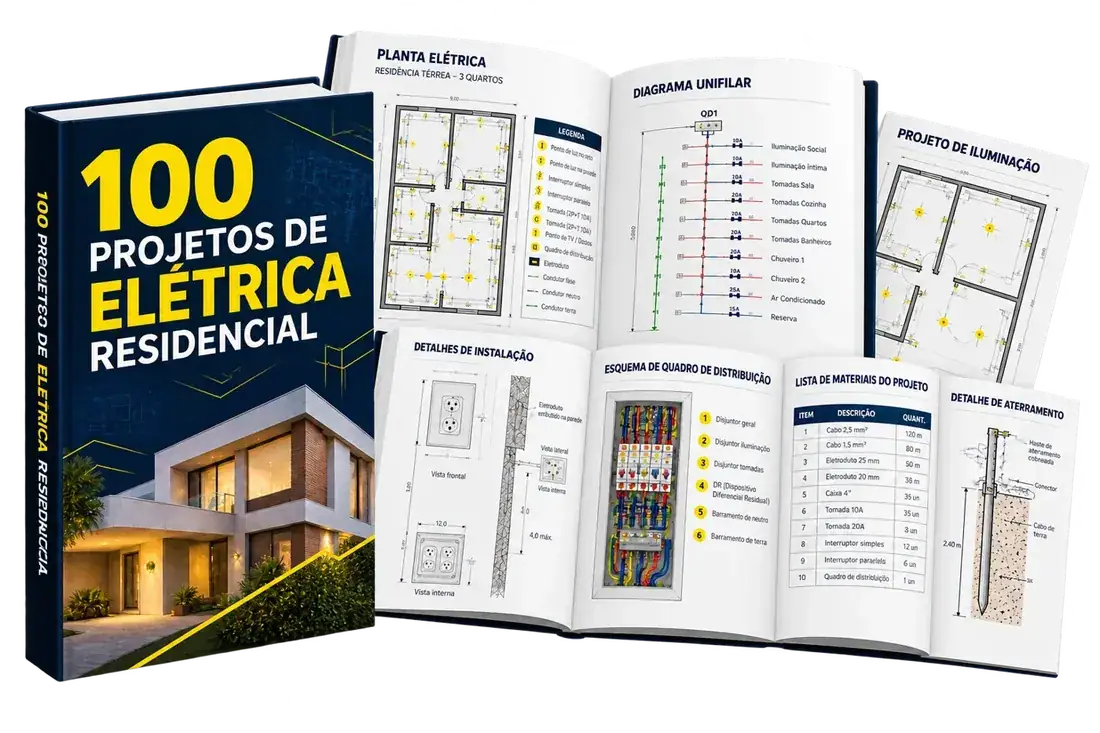 Manual com 100 projetos de elétrica residencial e prévias do conteúdo